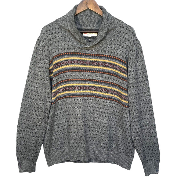 Levi's Pullover Sweater Men Size L‎ Gray Fair Isle Birds Eye Shawl Neck Rib Knit - Picture 1 of 11